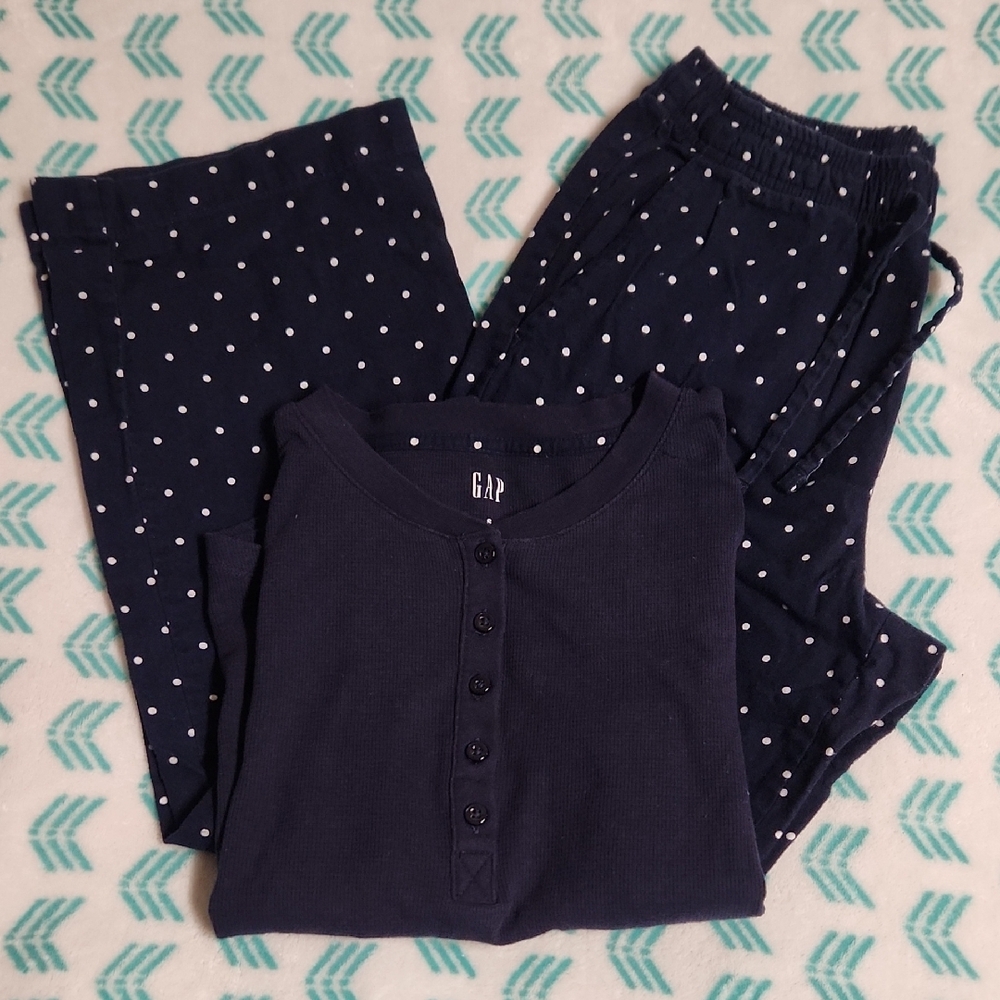 GAP Women's Navy Pajama Set with White Polka Dots Sz S